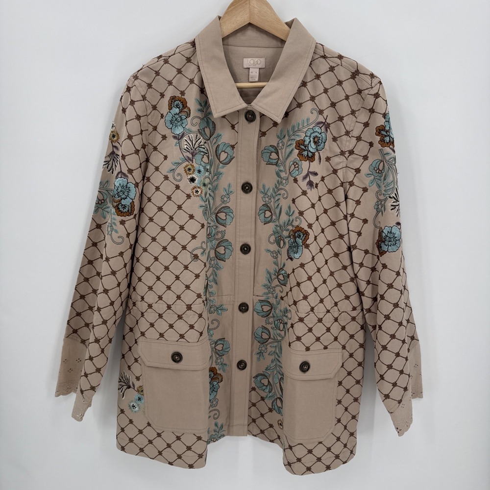 Lavish by LOGO Womens Beige Teal Embroidered Chore Jacket Size XL Garden Cottage